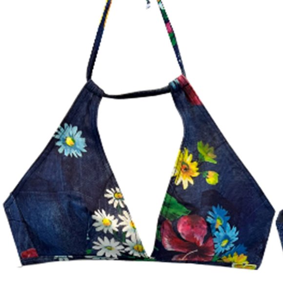 Vintage 90s Denim Floral High-Waist Bikini Set, String Halter Top Deadstock - Picture 5 of 5
